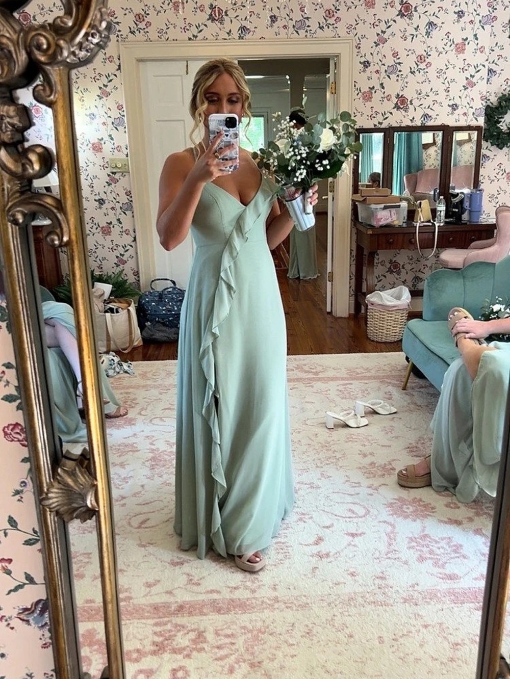 Birdy Grey Grace Dress With Slit in Chiffon Sage Green Maxi Dress
